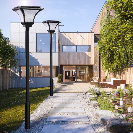 LED太陽能庭院燈公園道路照明簡(jiǎn)約工業(yè)風(fēng)路燈斜魔方3米鋁制廠家